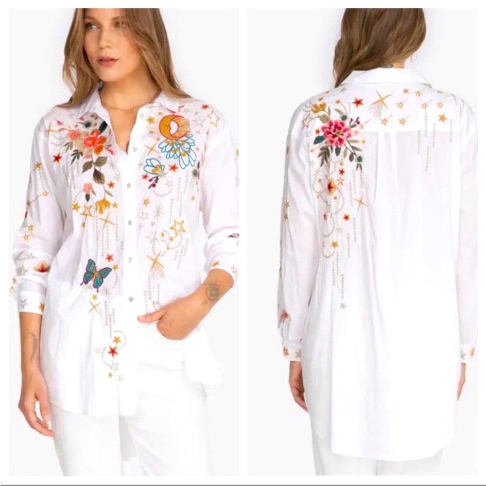 NWOT Johnny Was Europa Oversized Boho Embroidered Button Down Shirt Size M